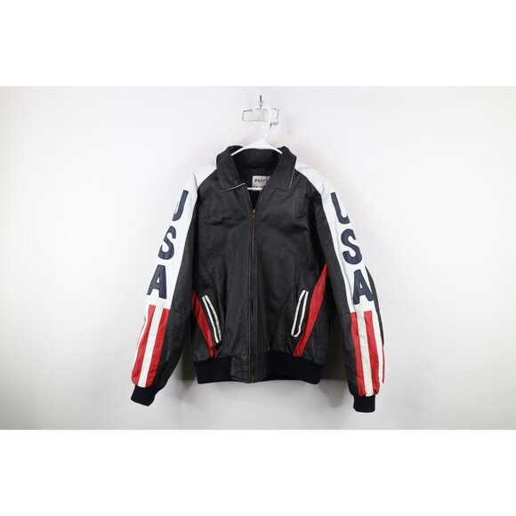 Vintage 90s Streetwear Mens XL Distressed Leather USA Flag American Eagle Jacket